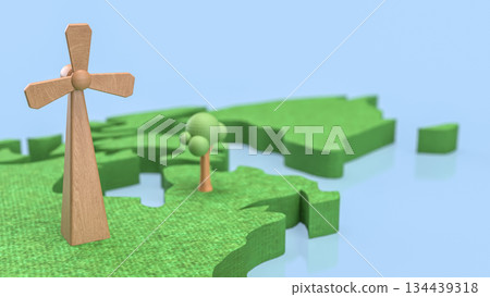Renewable Energy Landscape with Wooden Wind Turbines 3d render. Renewable Energy Landscape with Wooden Wind Turbines 3d render. 134439318