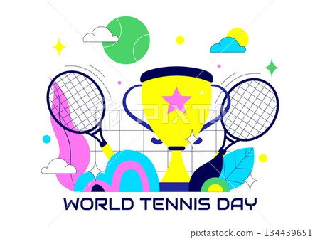 World Tennis Day Vector Illustration on March 2 Featuring Racket and Ball on Court During Sports Match in Flat Style Cartoon Background World Tennis Day Vector Illustration on March 2 Featuring Racket and Ball on Court During Sports Match in Flat Style Cartoon Background 134439651