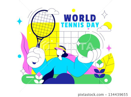 World Tennis Day Vector Illustration on March 2 Featuring Racket and Ball on Court During Sports Match in Flat Style Cartoon Background World Tennis Day Vector Illustration on March 2 Featuring Racket and Ball on Court During Sports Match in Flat Style Cartoon Background 134439655