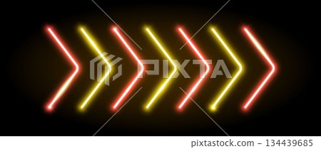 Yellow orange neon arrow element. Glowing led direction sign. Shiny tube lamps in arrowhead shape. Bright luminous fluorescent pointer effect for banner, poster, logo. Vector neon led lights 134439685