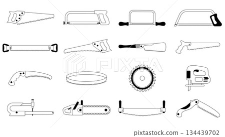 A versatile vector set of 16 different saw types used in carpentry and industrial cutting. Features detailed line art of hand saws, circular saws, chainsaws, and specialty woodworking tools. 134439702