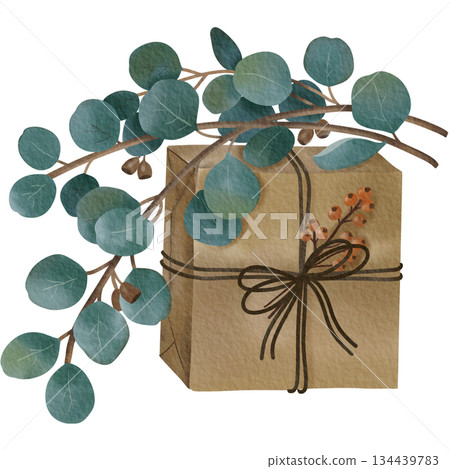Watercolor illustration features a rustic gift box wrapped with twine and decorated with eucalyptus branches and delicate berries. 134439783