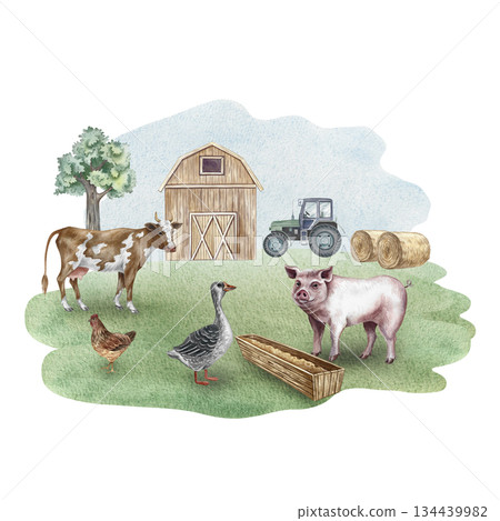 Farmyard. Hand-drawn watercolor illustrations. Grazing farm animals and birds. Cow, pig, goose, chicken. Concept of the livestock industry. Design elements for banners, labels, postcards, and more. Farmyard. Hand-drawn watercolor illustrations. Grazing farm animals and birds. Cow, pig, goose, chicken. Concept of the livestock industry. Design elements for banners, labels, postcards, and more. 134439982