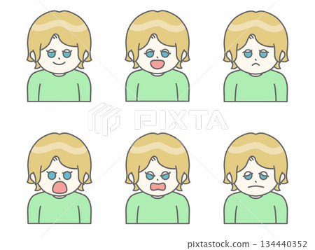 短髮女性插圖，臉部表情豐富 ① 金髮 x 綠色 134440352