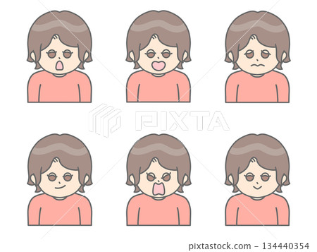 Illustration of a woman with short hair and various facial expressions ② Brown hair x Pink 134440354