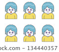 Illustration of a woman with short hair and various facial expressions ② Vivid color Sky blue 134440357