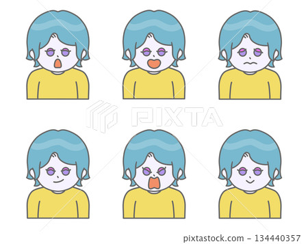 Illustration of a woman with short hair and various facial expressions ② Vivid color Sky blue Illustration of a woman with short hair and various facial expressions ② Vivid color Sky blue 134440357