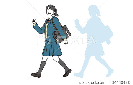 插畫素材：一位身穿制服的高中女生微笑著行走 134440438