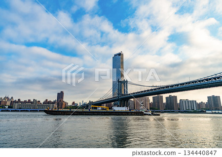 Manhattan bridge in New York. Architecture of historic bridge in Manhattan. Bridge connecting Lower Manhattan at Canal Street with Downtown Brooklyn. Urban city architecture 134440847