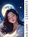 一幅描繪女巫少女在月光下安詳入睡的插圖 134440973