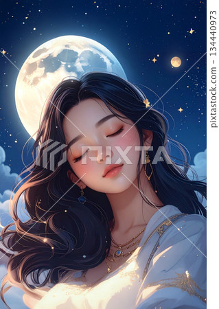 一幅描繪女巫少女在月光下安詳入睡的插圖 134440973