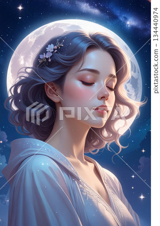 一幅描繪女巫少女在月光下安詳入睡的插圖 134440974