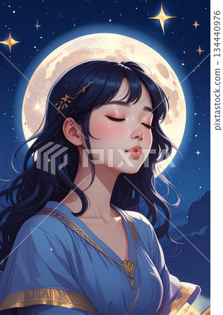 一幅描繪女巫少女在月光下安詳入睡的插圖 134440976