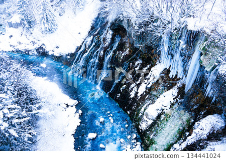 Shirahige Falls and Biei River in Biei, Hokkaido in mid-winter 134441024