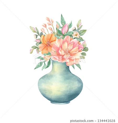 Vase of spring flowers. Delicate watercolor bouquet floral composition. Ceramic vase with elegant blooming peonies. Hand drawn illustration isolated from background. Pastel color in vintage style 134441028