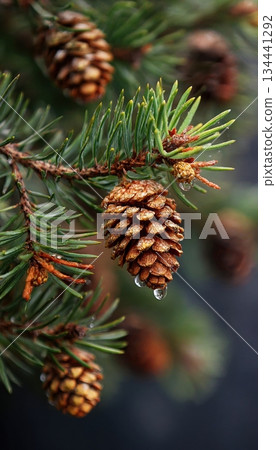 Pine cones hanging on evergreen branches in forest with moody light natural texture and seasonal background Pine cones hanging on evergreen branches in forest with moody light natural texture and seasonal background 134441292