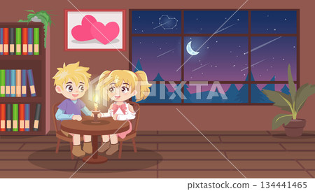 Romantic cartoon couple having candlelight dinner at home. Cute lovers holding hands near window with heart constellation view. Happy Valentine's Day concept. Night sky with moon and star on outside. 134441465