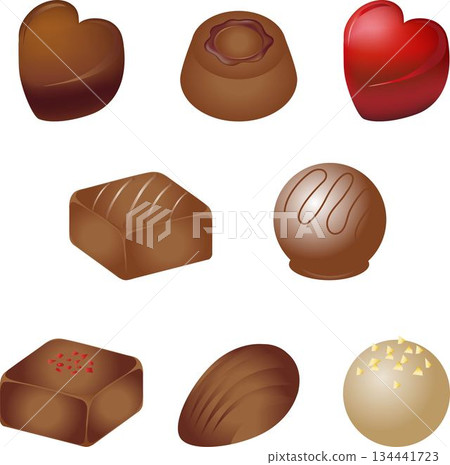 Vector illustration set of various types of luxury chocolates, pralines and bonbons Valentine's Day gifts and decorations 134441723