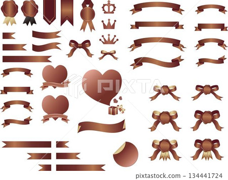 A luxurious vector design element set featuring chocolate-colored ribbons, sealing wax, crowns, and hearts A luxurious vector design element set featuring chocolate-colored ribbons, sealing wax, crowns, and hearts 134441724