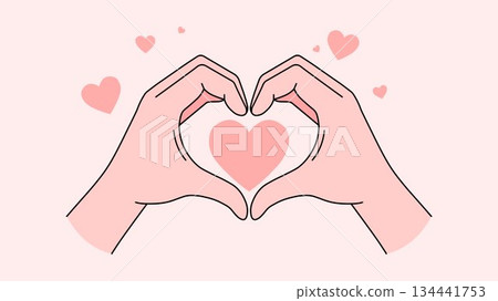 Hands forming heart shape with pink hearts 134441753