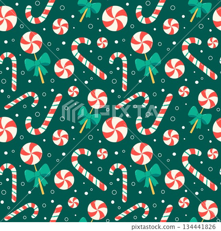 Christmas candy seamless pattern. Vector illustration of cute lollipops and candy canes on green background. Colorful festive Xmas pattern with simple sweet holiday elements and decorative doodles 134441826