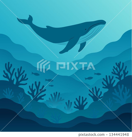 underwater scene with large swimming whale above coral reef and small fish underwater scene with large swimming whale above coral reef and small fish 134441948