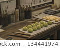 A workbench in a Japanese confectionery shop with tools for making Japanese sweets (experience-based) 134441974