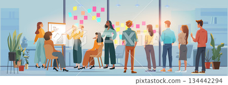 Business team meeting office brainstorming creative group discussing charts sticky notes modern workspace plants large windows 134442294
