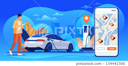 Electric car charging station mobile app navigation concept man using smartphone vehicle plugged into charger cityscape background map interface 134442300