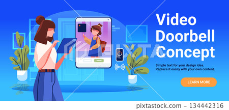 Video doorbell concept smart home technology woman using tablet screen showing visitor modern interior plants blue background landing page Video doorbell concept smart home technology woman using tablet screen showing visitor modern interior plants blue background landing page 134442316