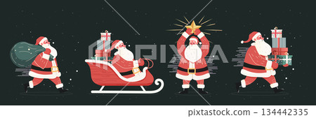 Santa Christmas New Year 2026 celebration festive scene Santa Claus delivering gifts riding sleigh holding star carrying presents snowy dark background banner 134442335