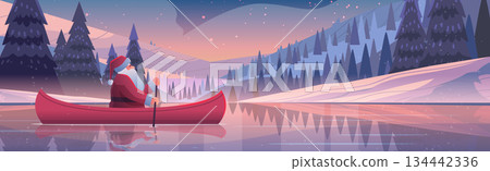 Santa Christmas canoe adventure winter landscape snowy pine trees river reflection dusk mountains holiday season banner Santa Christmas canoe adventure winter landscape snowy pine trees river reflection dusk mountains holiday season banner 134442336