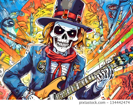 一位身著盛裝的音樂家正在彈奏吉他的插圖 134442474