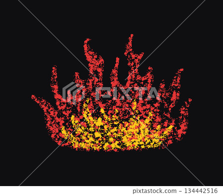 Doodle fire in crayon style. Hand drawn flame with grunge texture. Graphic element for fun collage, sticker. Crayon doodle red and yellow fire. Vector pencil illustration isolated on black background Doodle fire in crayon style. Hand drawn flame with grunge texture. Graphic element for fun collage, sticker. Crayon doodle red and yellow fire. Vector pencil illustration isolated on black background 134442516