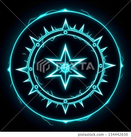 Electrifying mystic star radiating vibrant energy on dark backdrop, perfect for fantasy games, dynamic logos, and powerful spiritual concepts 134442630
