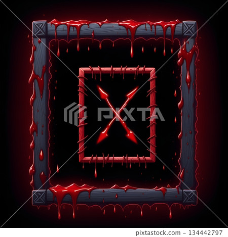 Eerie wooden frame dripping with blood, featuring crossed arrows  perfect for adding a chilling touch to your horror or fantasy project, creating suspenseful vibes 134442797