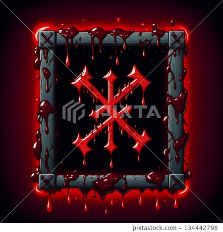 Eerie blood-dripping chaos symbol on a wooden frame, perfect for horror themes, gothic designs, and dark fantasy projects that need a touch of the macabre 134442798
