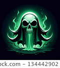 Eerie glowing skull with spectral flames, perfect for Halloween promotions and spooky designs that will send chills down your spine this season 134442902
