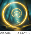 Mystical forest stairway to enlightenment with glowing portal, perfect for fantasy book covers or spiritual retreats, inspiring journey and peaceful escape 134442909