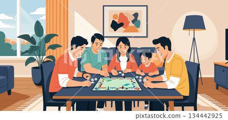 Family playing board game together at home Family playing board game together at home 134442925