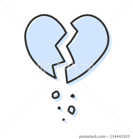 Hand-drawn illustration icon of a cracked heart with pieces falling apart. Light blue. 134442935