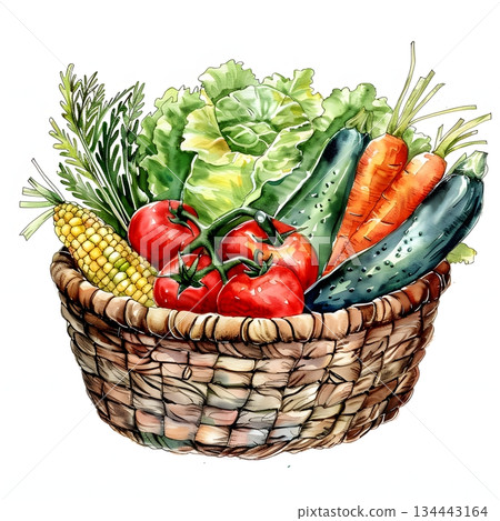 一籃新鮮蔬菜的水彩插圖 一籃新鮮蔬菜的水彩插圖 134443164