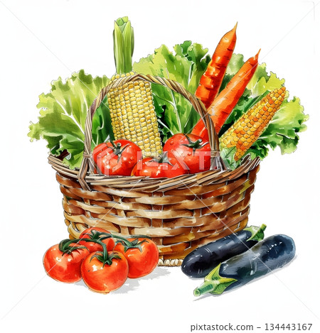 一籃新鮮蔬菜的水彩插圖 一籃新鮮蔬菜的水彩插圖 134443167