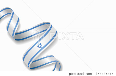 Israeli flag stylized wavy ribbon, symbolizing national pride, celebration, cultural identity. Vector illustration. 134443257