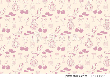 Whimsical cowgirl seamless pattern with hearts and cowboy boots Whimsical cowgirl seamless pattern with hearts and cowboy boots 134443359