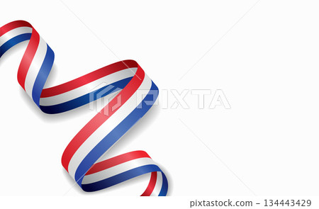 Dutch flag stylized wavy ribbon, symbolizing national pride, celebration, cultural identity. Vector illustration. 134443429