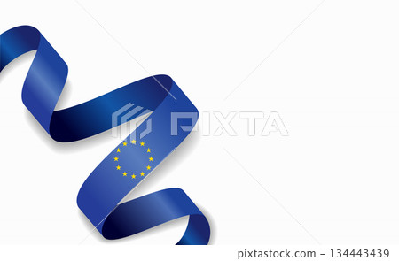 European Union flag stylized wavy ribbon, symbolizing national pride, celebration, cultural identity. Vector illustration. 134443439