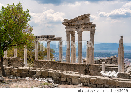 Ancient Temple of Trajan ruins at Pergamon Acropolis overlooking Bergama, Turkey Ancient Temple of Trajan ruins at Pergamon Acropolis overlooking Bergama, Turkey 134443639
