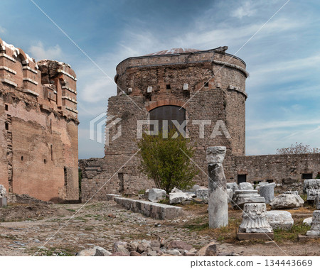 Red Basilica Kizil Avlu ancient Roman temple ruins in Bergama, Izmir, Turkey. 134443669