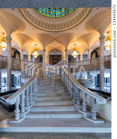Jame Asr Hassanil Bolkiah Mosque grand staircase, ornate columns, and stained glass, Bandar Seri Begawan, Brunei Darussalam. 134443672
